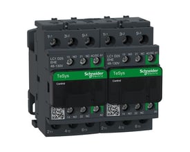 Schneider Electric TeSys D Green kontaktor for revers, 3-polet, 25A, 48-130V AC/DC, viser tre forbundne moduler med klare mærkninger.