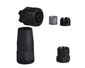 Telemecanique Sensors lige 4-polet M12-hunstik med Pg7, vist adskilt i sorte stik- og kabelindføringsdele.