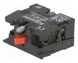 Schneider Electric Harmony kontaktelement ZB2BE102 med 1 NC kontakt, tydeligt mærket og med orange aktivering.