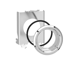 Demonstration af Schneider Electric Montagekit XB4 for planforsænkning, viser metalramme og tætningsring.