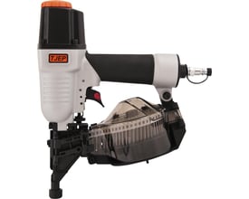 Tjep Tromlesømpistol MX-50 i sølv og sort med orange top og gennemsigtigt magasin, velegnet til facadebeklædning og trærammer.