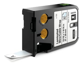 DYMO XTL lamineret mærkat til ledninger og kabler, 21 x 39 mm, sort på hvid, vist i sort kassette med etiketstrimmel.