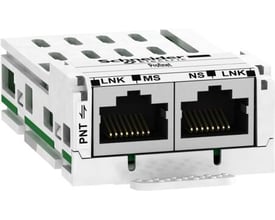 Schneider Electric ProfiNet kommunikationskort med to RJ45-porte og statusindikatorer, designet til frekvensomformere.