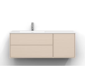 Svedbergs Epos underskab i hvid ask, 120 x 45 cm, set forfra med skuffer og låge under en hvid håndvask.