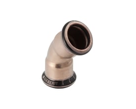 Geberit bøjning 45 grader til 88,9 mm presrørssystemer i kobberfarvet metal med sort muffe og Geberit logo.