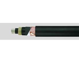 HELUKABEL mellemspændingskabel NA2XS(F)2Y 12/20 kV med tværsnit, der viser aluminiumsledere, isolering og kappe.