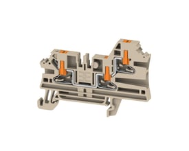 Detaljeret tværsnit af Weidmüller AL3C 2,5 mm² gennemgangsklemme, der fremhæver de orange push-in-mekanismer og 2,5 mm² tilslutningsstørrelse.