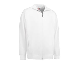 ID Identity hvid cardigan sweatshirt i kraftig kvalitet med lynlås og to stiklommer, vist på hvid baggrund.