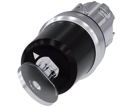 Siemens nøgleafbryder i metal med 22mm rund front, vist med nøgle i låsen og position O markeret.