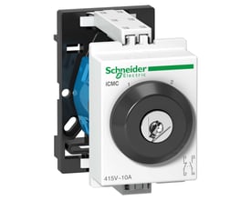 Schneider Electric Acti9 iCMC nøgleomskifter, hvid, 10A, 4 poler, 2 positioner, viser fronten med nøglehul og symboler.