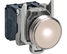 Schneider Electric XB4BV61 signallampe med hvid knap og sølvfarvet ring, vist fra siden med elektrisk tilslutning bagpå.