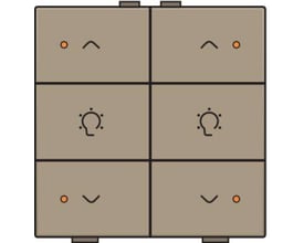 Niko dobbelt dæmpertryk med LED i elegant bronze finish, viser seks taster med lysikoner og statusindikatorer.