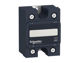 Schneider Electric solid state relæ, 1-faset, 90A, 660VAC, med mærkat og inputindikator, vist med skrueterminaler.