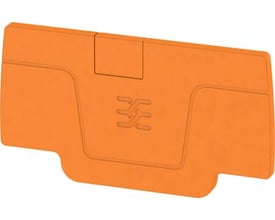 Orange endeplade AEP 2C 2.5 OR fra Weidmüller med indgraveret logo og PUSH IN teknologi, der sikrer stabil fastholdelse.