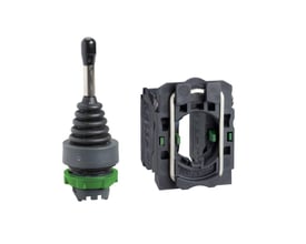 Dele af Schneider Electric XD5PA22 kontroller: joystick-håndtag og kontaktblok separat på hvid baggrund.