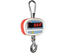 SHS kranvægt Adam med en kapacitet på 150 kg, vist med digital display, rød kappe og metal krog.