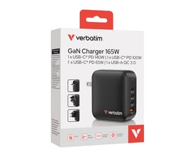 Verbatim Mini GaN Charger 165W i sort, vist med emballage, EU og UK adaptere og produkt specifikationer.