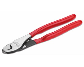 Universal kabelsaks med røde, ergonomiske håndtag og sort klinge, perfekt til kobber- og aluminiumskabler.