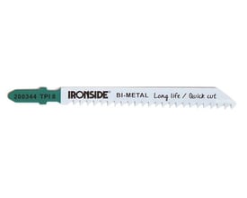 Ironside T111C stiksavklinge i bimetal med grøn endefæste og synlige tænder, set fra siden; 100 mm og 8 TPI.