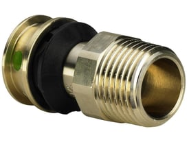 Detaljeret billede af Viega Raxofix overgang fitting i messing med 63 mm pres-ende og 2" gevind til rørinstallationer.