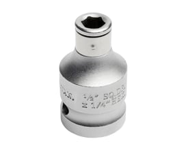 Ironside bitsadapter på 38 mm med 1/2" firkant til 1/4" sekskant, vist stående med sekskantåbningen synlig.