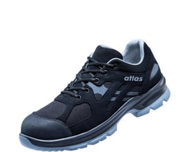 Atlas sikkerhedssko FLASH 6305 XP ESD i størrelse 48, fremstillet af sort CORDURA-tekstil med grå detaljer og en blå ydersål.