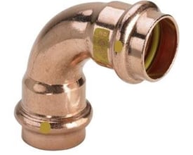Nærbillede af Viega 18mm Profipress kobberbøjning, viser SC-Contur markeringer og gule pakning.