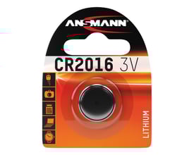 Ansmann CR2016 3V lithium knapcellebatteri i blisterpakning, viser batteriet og ikoner for anvendelse.