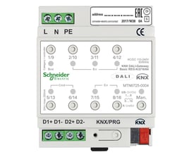 Schneider Electric KNX DALI-Gateway Basic REG-K/2/16/64 forbinder KNX- og DALI-busser, viser grønne terminaler til L/N/PE og DALI-tilslutninger.