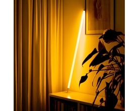 LEDlife Neon Tube LED, 120 cm, gul, lyser skråt op ad et skab ved gardiner og en plante.