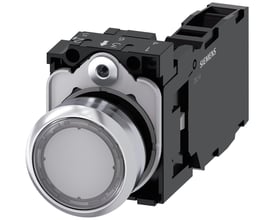Siemens Sirius Act 22mm trykknap med rund, høj metalramme og klar knap med 1 NO kontakt og skrueklemmer på sort baggrund.