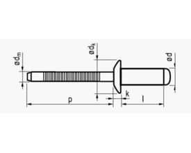 Teknisk tegning af Masterfix nitte 4,8x12,0 med dimensioner markeret med bogstaver og tal.