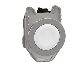 Schneider Electric Harmony XB4 trykknap i hvid med 1xNO kontakt, flush metaldesign og plan trykflade på hvid baggrund.