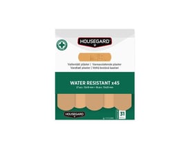 Housegard vandafvisende plastre, 2x45 stk., vist i grøn og beige emballage med mærkning om vandafvisning.