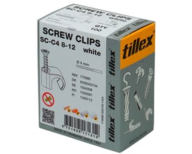 Pakke med 100 stk Tillex Skrue Clips SC-C4, 8-12 mm, hvid, vist fra siden med detaljer om produktinformation og målinger.