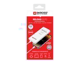 Skross Powerbank Reload 20 PD 100W i hvid emballage, viser powerbanken og en telefon med opladningskabel.