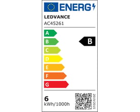 EU energimærke for Ledvance lyskilder, viser energiklasse B på en skala fra A til G for et forbrug på 6 kWh/1000h.