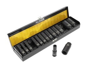 Ironside krafttoppesæt med 15 toppe, 1/2" og størrelser 10–30 mm, vist i åben metalkasse med to løse toppe.
