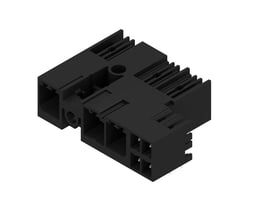 Sort Weidmüller-hybridstik til printplade med tre poler, 7,62 mm afstand og 90° udgangsvinkel, set skråt ovenfra.