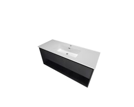 Sanibell Proline møbelsæt i sort eg, 121x46 cm, med integreret greb, 1 softclose skuffe og åben hylde.