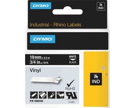 Emballagen til DYMO Rhino Pro permanent vinyltape viser 19 mm tape med hvid tekst på sort tape, 5,5 meter lang.