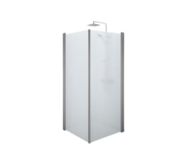 Contura Shower Space brusekabine med frostet glas og mat aluminiumsprofiler, vist fra en skrå vinkel på hvid baggrund.