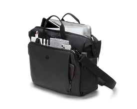 Dicota Eco Top Traveller GO taske åben med en 15-tommer bærbar, telefon og diverse tilbehør indeni, på hvid baggrund.