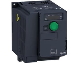 Kompakt Schneider Electric ATV320-frekvensomformer på 1,5 kW til 230 V med grønt drejehjul og display.