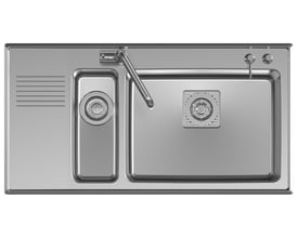 Intra Juvel Frame97SXH køkkenvask i poleret rustfrit stål, vist ovenfra med stor højre kumme, afløbsbakke og hane monteret.