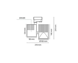 Teknisk tegning af SG Armaturen Zip Pro 40W LED skinnespot med dimensioner i mm og indikation af driver.