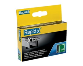 Nærbillede af Rapid 140/10mm hæfteklammer i rustfrit stål, med fokus på 'inoX Stainless Edelstahl' mærkningen og 2000 stk. indikation.