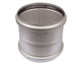 Blücher dobbelt stikmuffe i rustfri AISI316L stål med 250 mm diameter, vist isoleret på hvid baggrund.