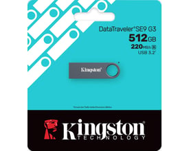 Emballagegrafik for Kingston DataTraveler SE9 G3 USB-nøgle med 512 GB, vist i mørk nikkelfarve.