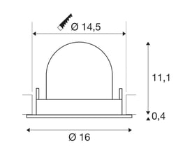 Teknisk tegning af SLV NUMINOS GIMBLE L loftindbygningsspot med dimensioner for indbygning i loftet.